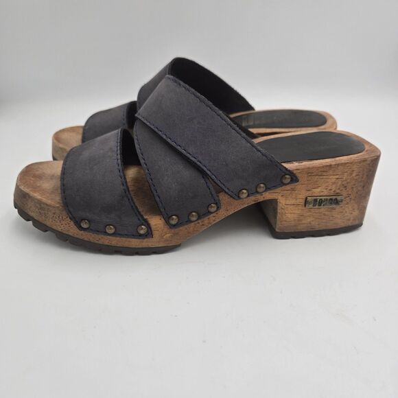 Bongo Women Size 6 Blue Leather Wooden Platform Sandals Chunky Clogs Retro Y2K - Picture 1 of 10
